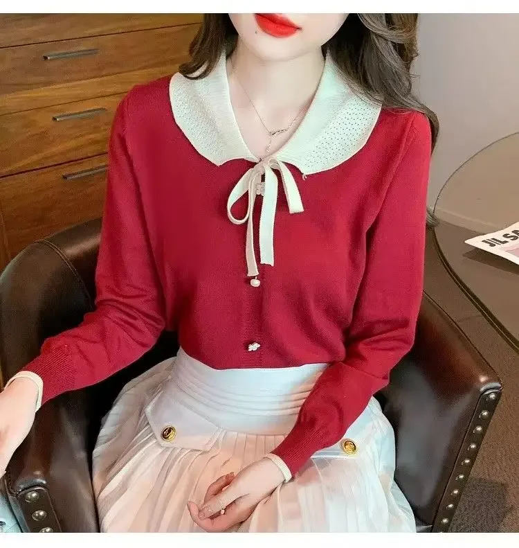 

2024 Winter Long Sleeve Elegant Women Sweater Fashion New Knitted Tops Autumn Casual Peter Pan Collar Blouses