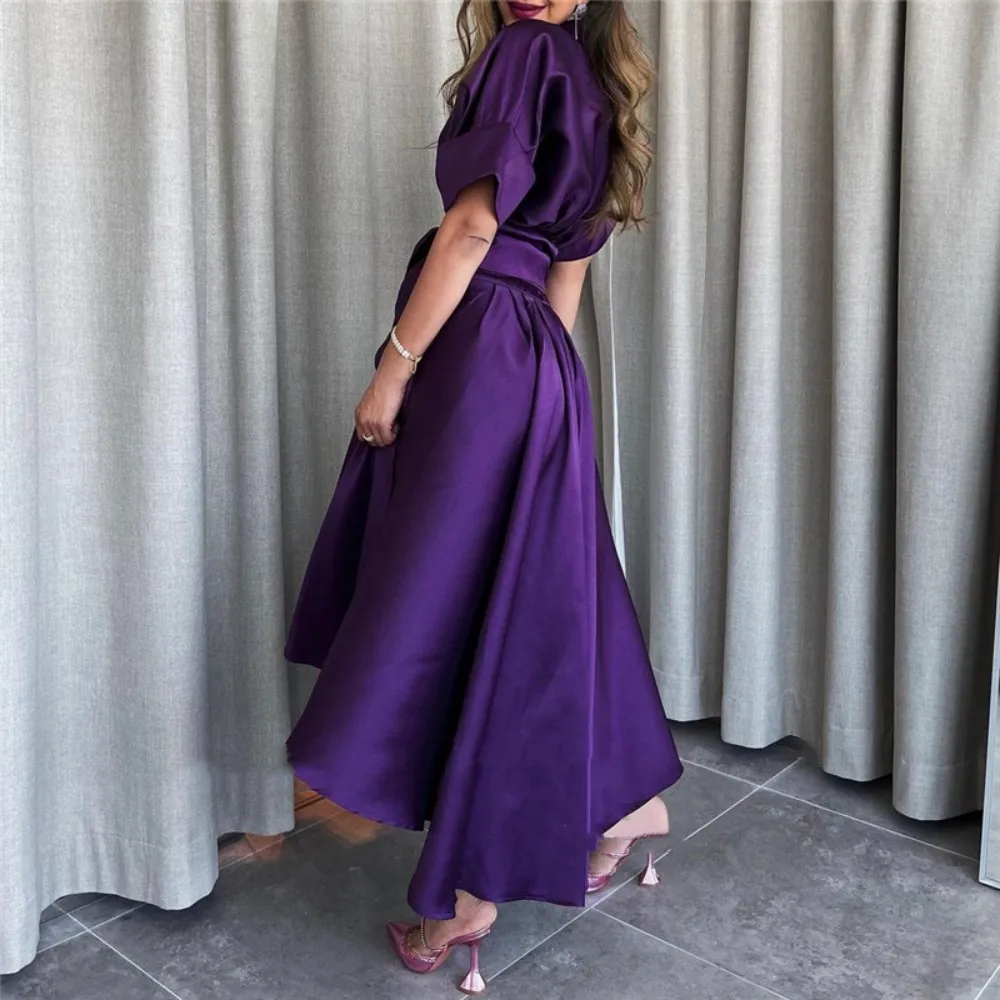 Bafftafe Grape Simple Vintage Satin Formal Evening Dresses Arabic Half Sleeves V Neck Ankle Length Women Outfits Wear Prom Gowns