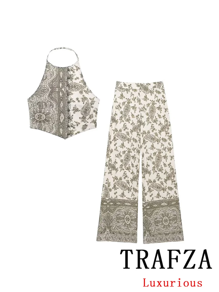 TRAFZA Sexy Flower Print Chic Women Suit Sleeveless Halter Short Top Straight Loose Pants Fashion 2024 Summer Beach Sets