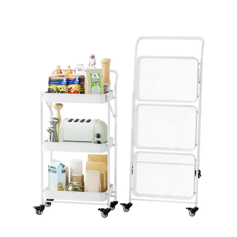 

Foldable Rolling Cart, 3Tier No Assembly Metal Utility Cart with Handle, Heavy Duty Folding Storage Trolley Organizer on Wheels