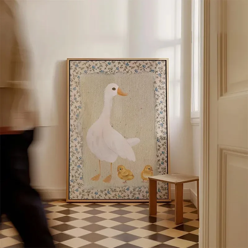 Cute Floral Mother Duck Art Poster Vintage Painting Animal Aesthetics Kids Decorative Wall Art Kindergarten Canvas Painting