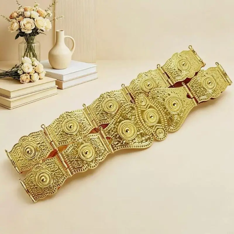 Statement Dress Waist Belt with Engraved Metal Detail and Hook Closure for Coordinated Outfit Styling Accessory Y166