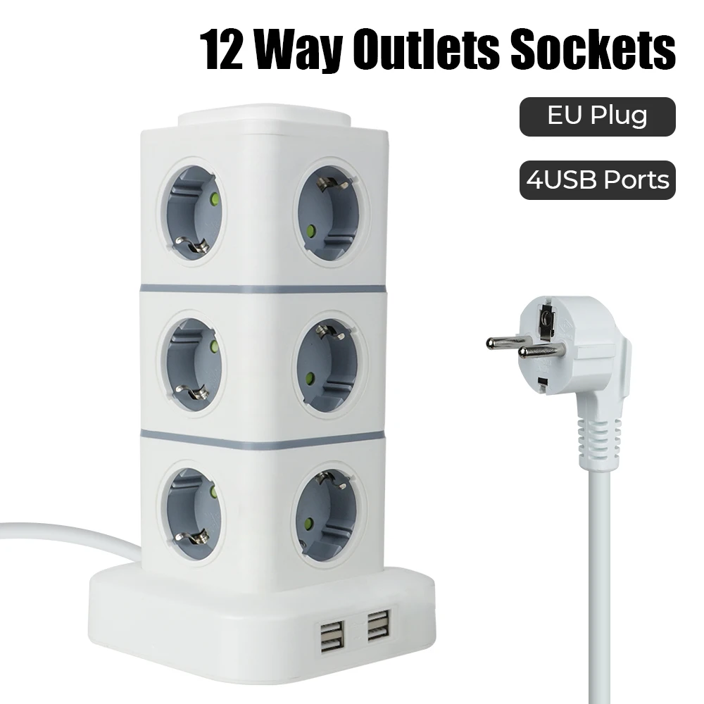 

With 4 USB Overload Protector Switch 220V 10A EU Plug 2.8m Extension Cord Multi Power Strip Vertical Tower 12 Way Outlets Socket