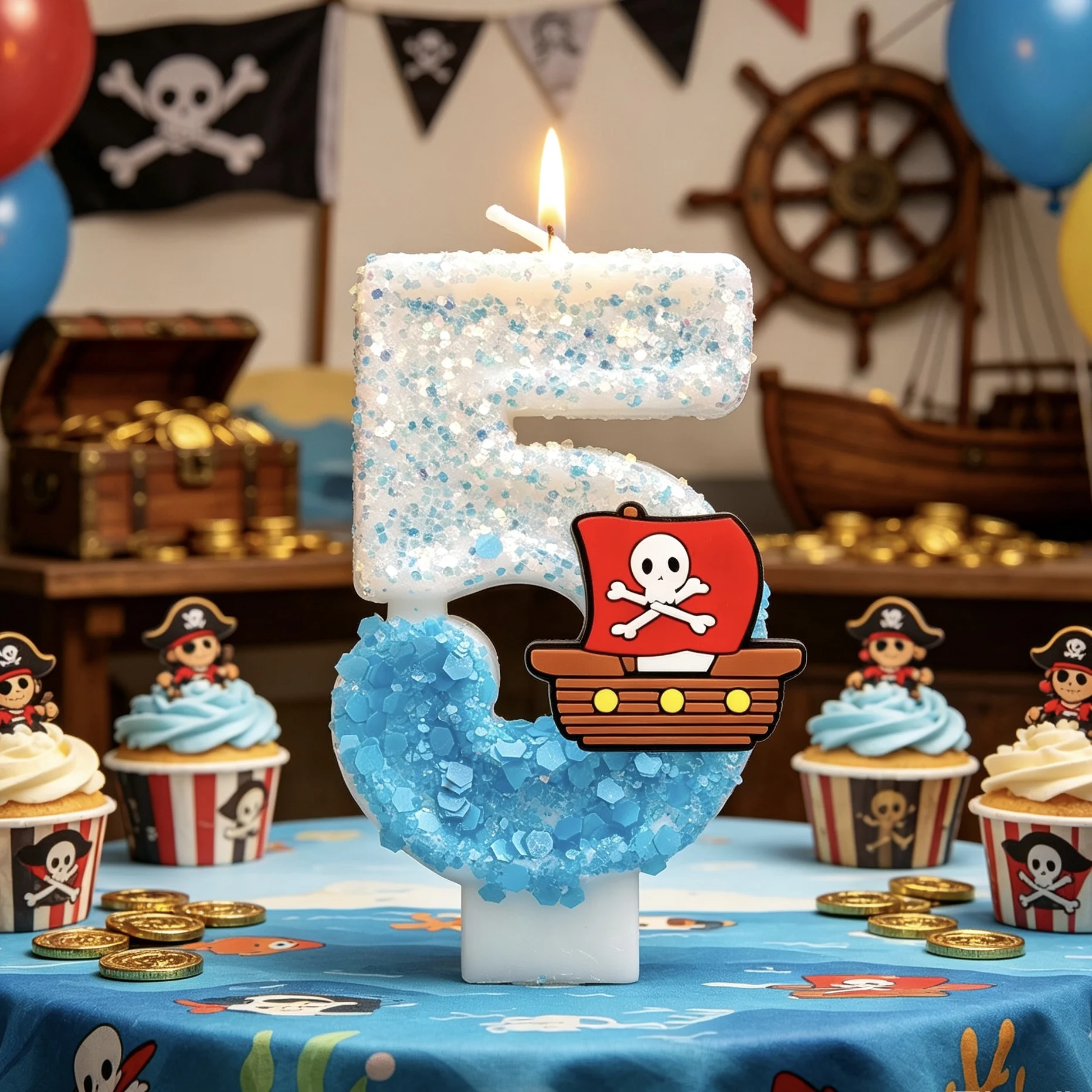 3D Glitzer Piratenschiff Zahlenkerzen Totenkopf Piratenflagge Kuchendekoration für Kinder Piraten-Themen Geburtstagsparty Zubehör