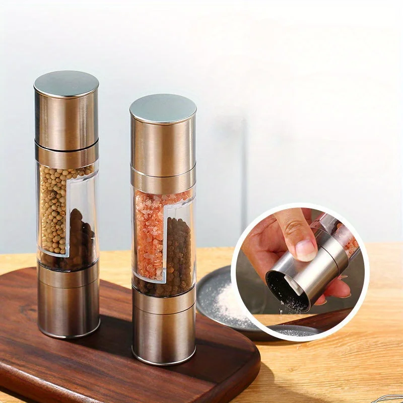 Molinillo de especias 2 en 1 de acero inoxidable y vidrio: molino manual de sal marina y pimienta para cocina, no requiere baterías