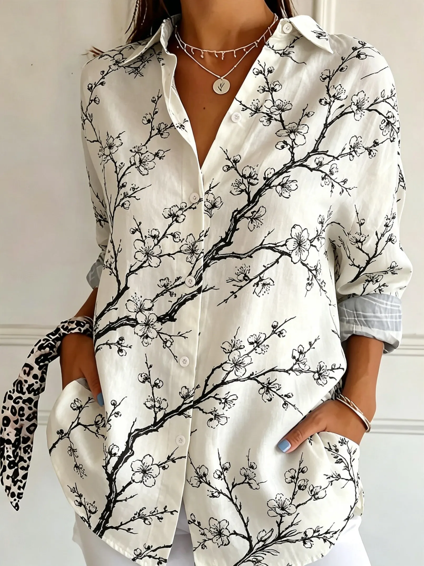 

Women's Lapel Long Sleeve Black Floral Branch Print Button-Up Shirt, Casual Elegant Tops for Spring Summer Daily & Office Wear