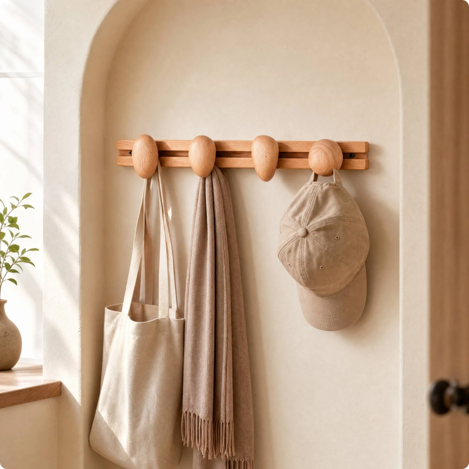 Wooden Hook Rack with Pebble-Shaped Hooks Slim Beech Wood Wall Hook Rack Wall-Mounted Wooden Coat Hanger Slim