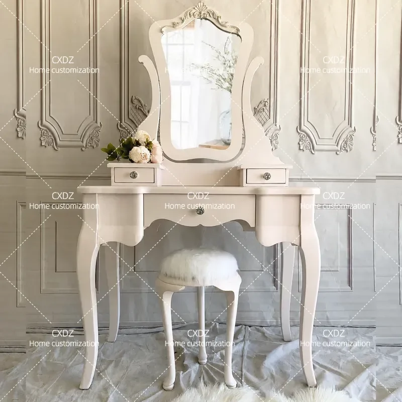 Light Luxury Simple Solid Wood Carving Warm Pink Small Dressing Table Combination High End Household Furniture Customization