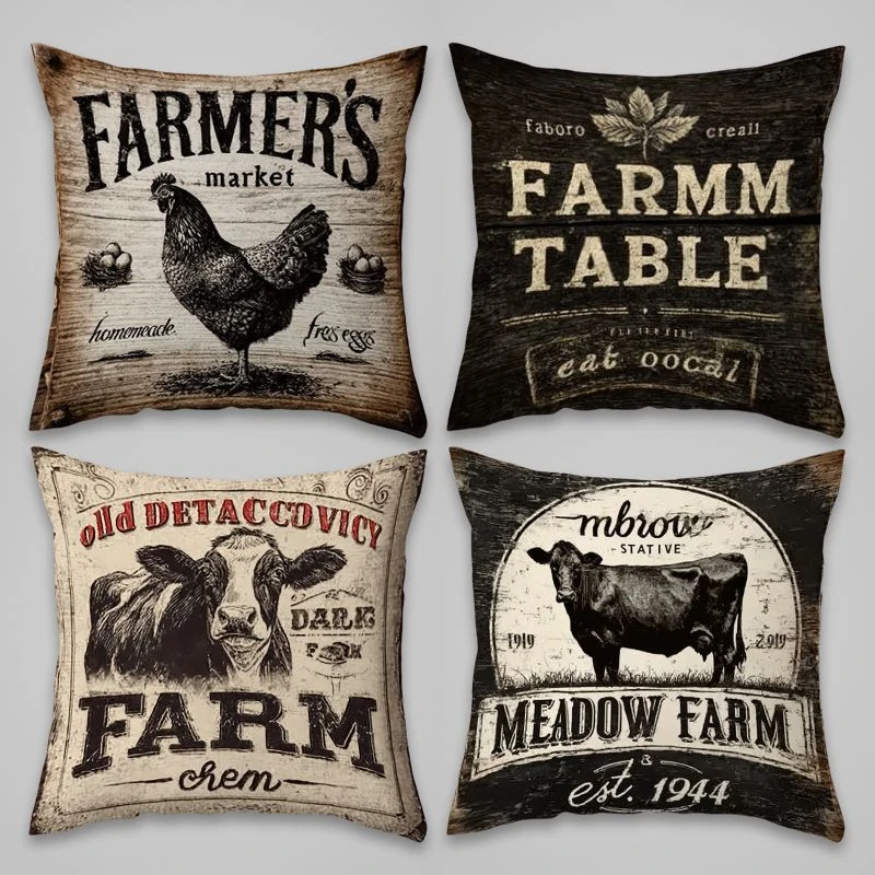 1PC 2D Flat Rustic Farmhouse Throw Pillow Covers Vintage Farm Market Decorative Cushion Cases for Home Sofa Bed No Pillow Core