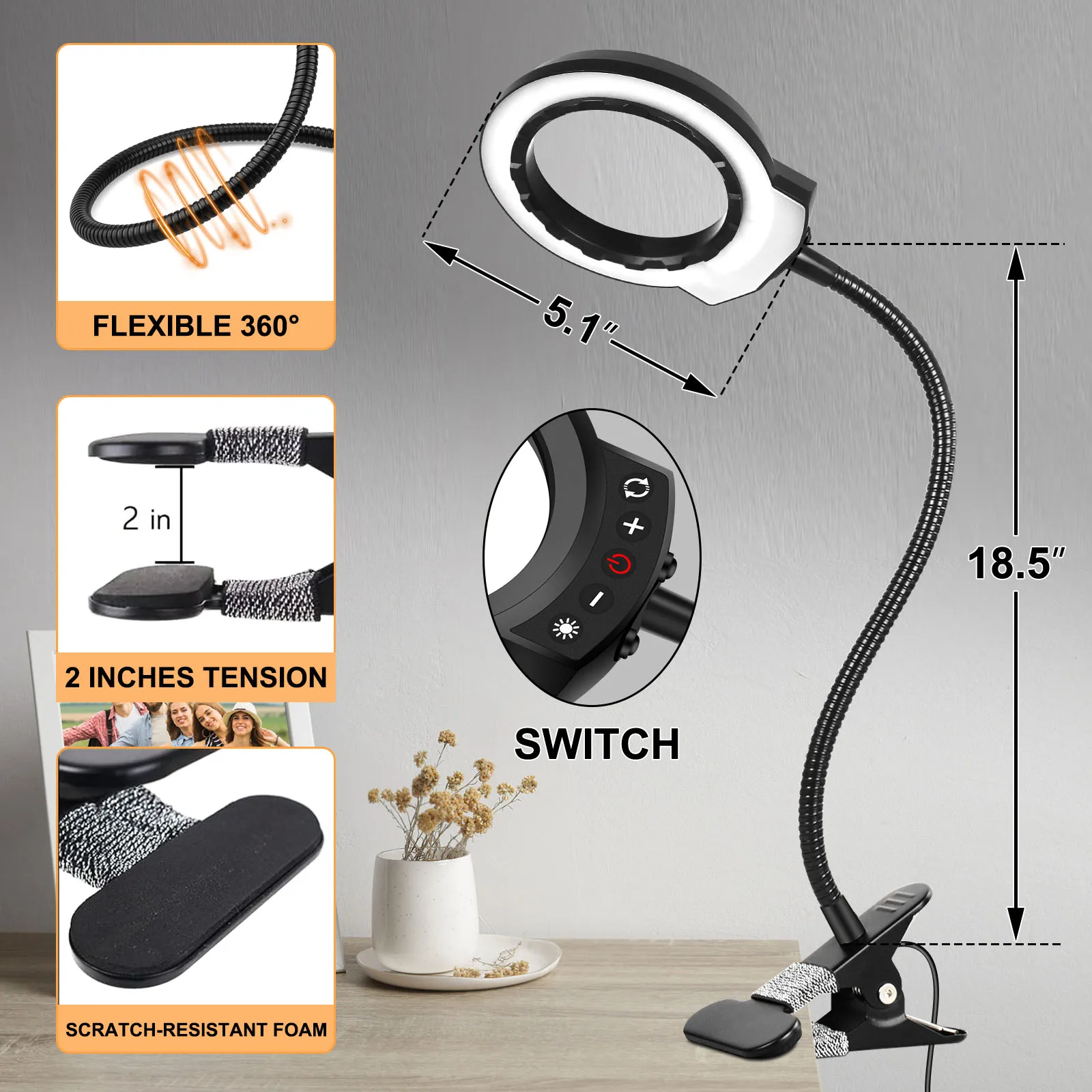 5X Magnifying Glass with 5 Color LED Light Gooseneck Illuminated Magnifier Lamp for Soldering Repair DIY Close Work