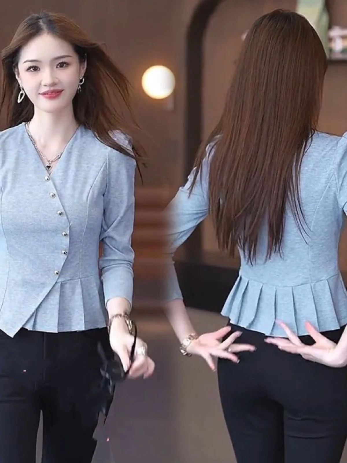 

Faionable Oversize Early Autumn Long Sve Asymmetrical irt Ele Agel Versatile Trendy Commute Sle V-Ne Top