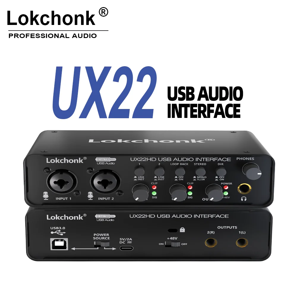 UX22 Audio Interface Sound Card 32-bit/192KHz AD Converter, Electric Guitar Live Recording Professional Studio Singing, Podcast