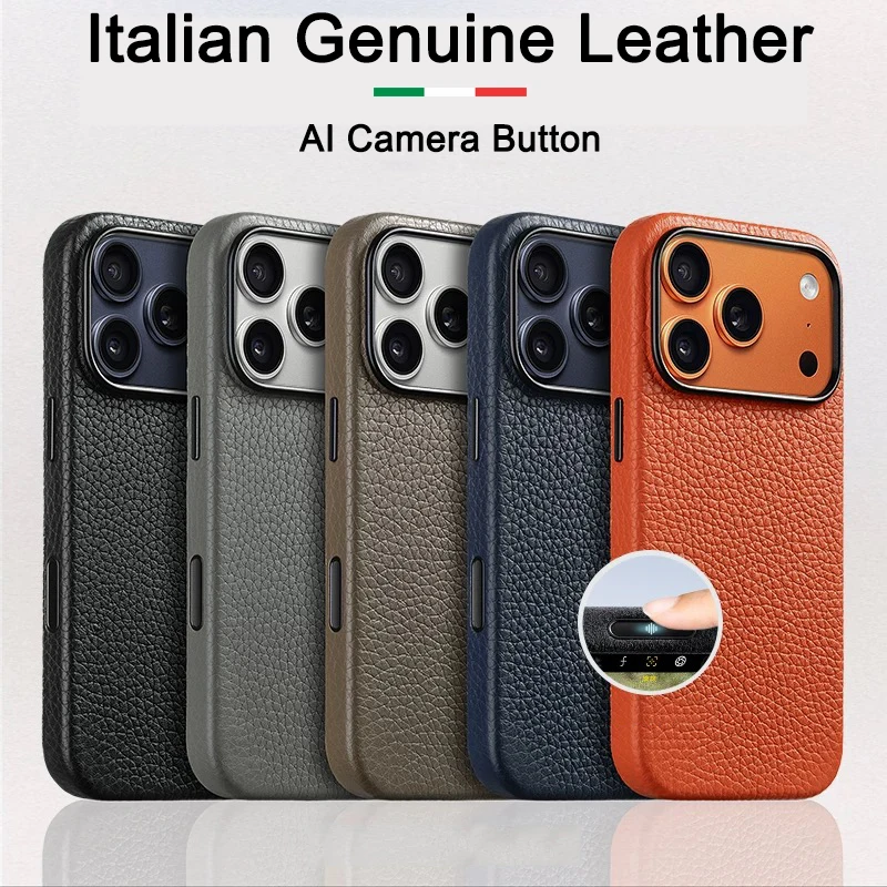 Capa de couro genuíno italiano para iphone 17 pro max 17pro com botão de câmera capa protetora magnética de carregamento magsafe
