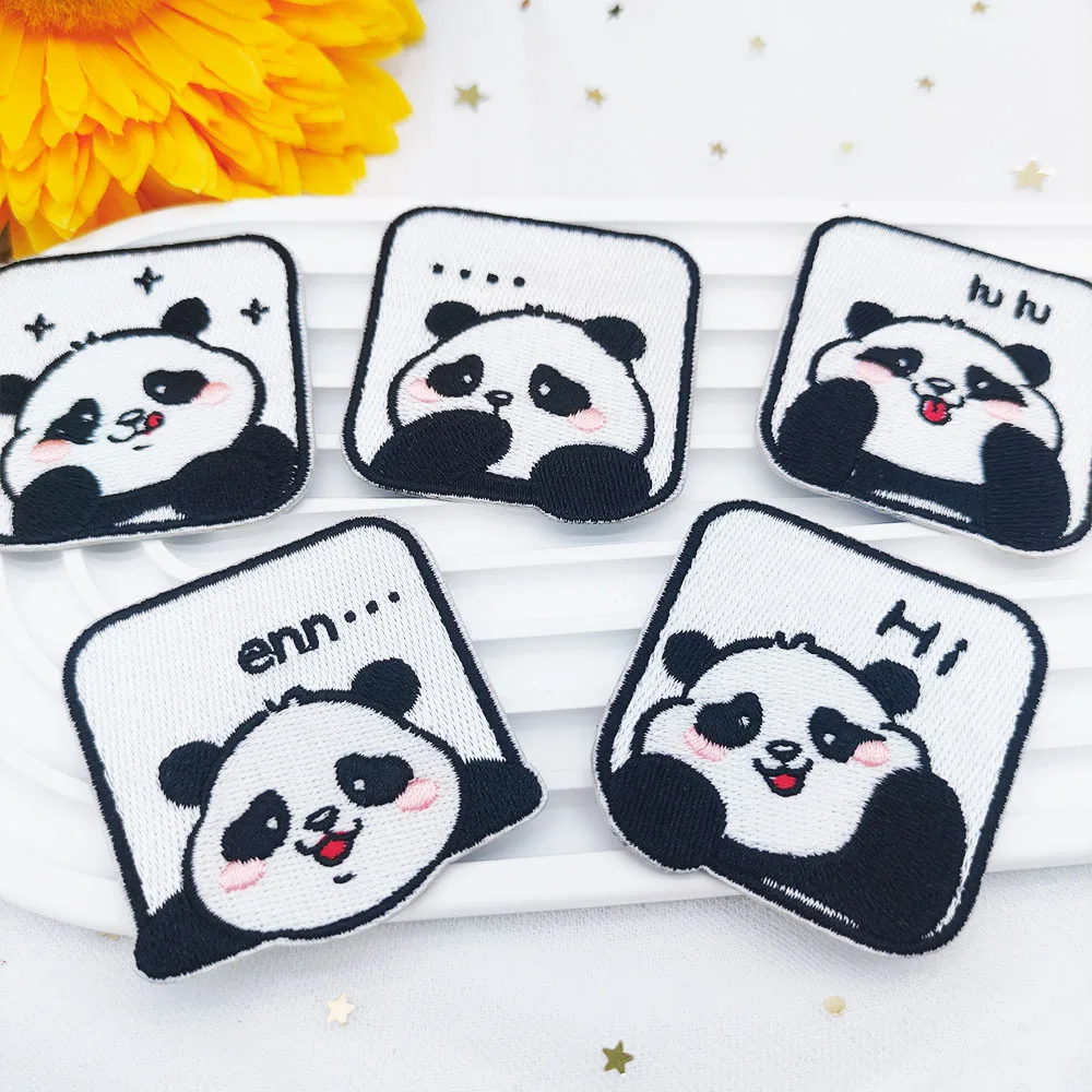 Cute Square Panda Embroidery Patch Iron-on Transfers For Clothing Scratch Patch DIY Applique Brooch Accessories Toppe Vestiti