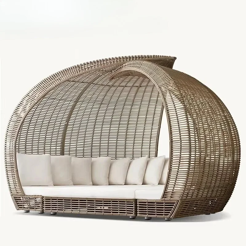 Out-door Daybed With Canopy Villa Hotel Patio Luxury Sunbed Pool Rattan Out-door Furn-iture Aluminum Frame Round Shape Sofa
