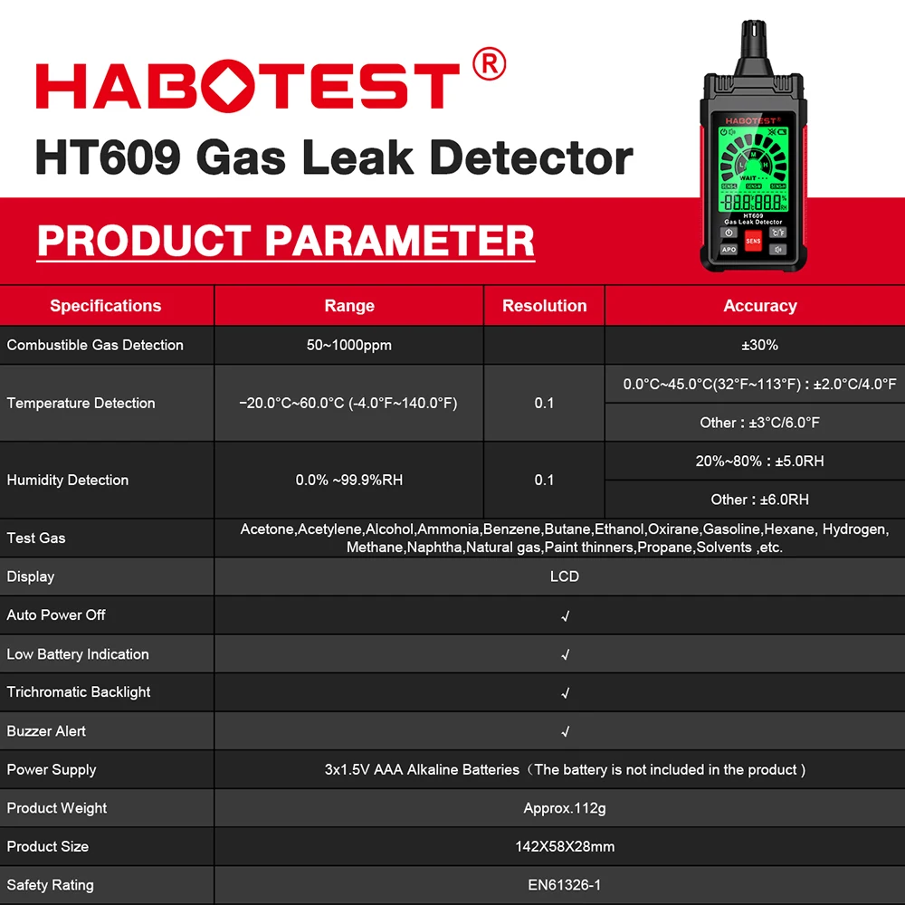 HABOTEST HT609 Gas Leak Detector with Temperature and Humidity Function Portable Combustible Gas Detector