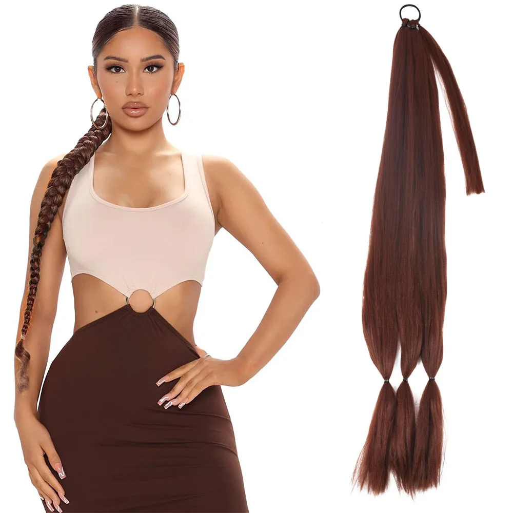 Synthetic Long Box Braided Ponytail Hair Extensions For Woman Girls 40inch Black Wrap Around Pony Tail Wig With Rubber Band