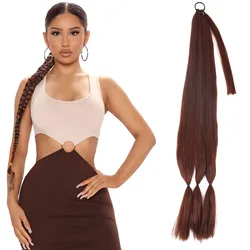 Synthetic Long Box Braided Ponytail  Hair Extensions  For Woman Girls 40inch Black Wrap Around Pony Tail Wig With Rubber Band