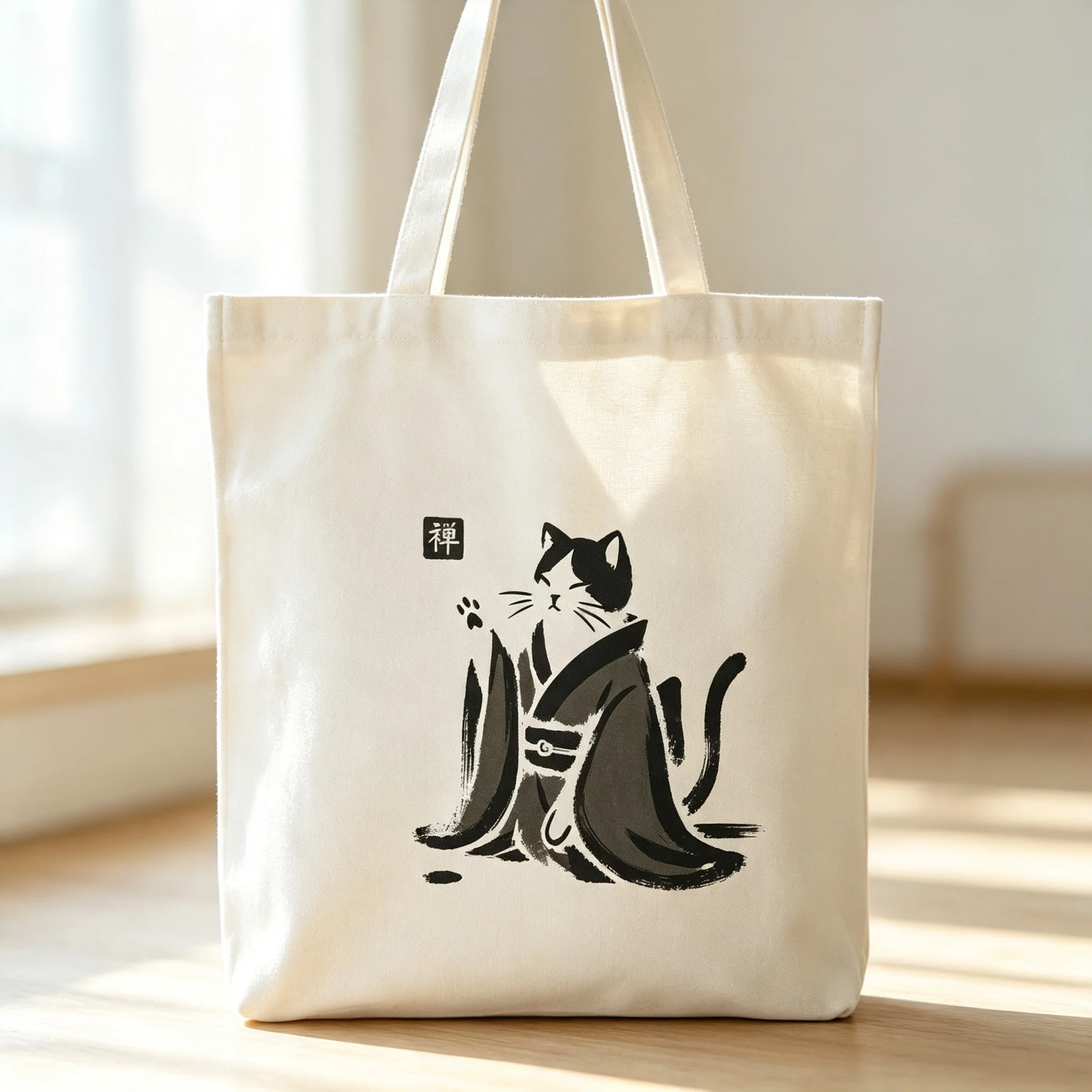 Minimalist Oriental Ink Painting Cat Tote Bag Zen Character Design Beige Canvas Shoulder Purse Casual Shopping Bag for Ladies