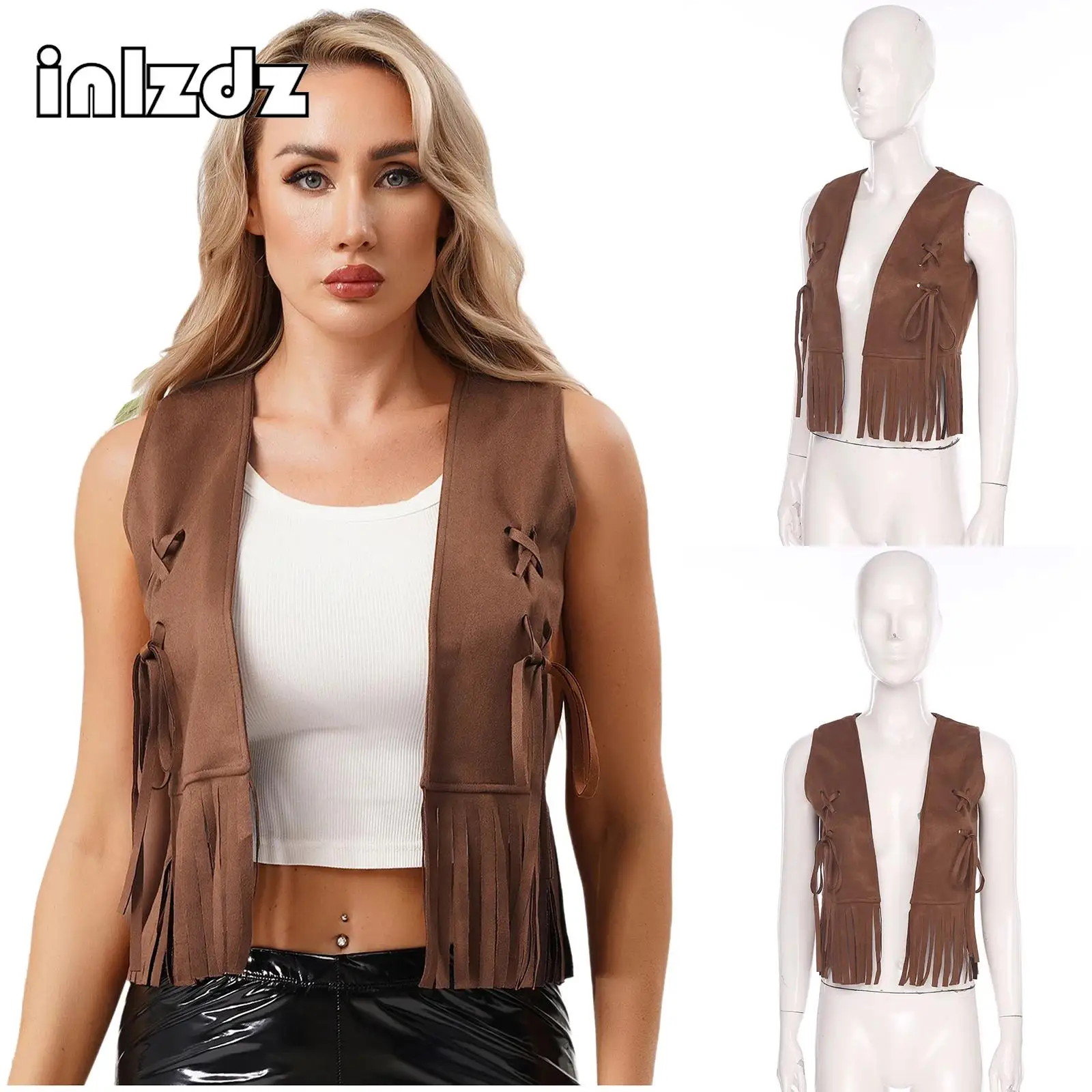 

Women 70s Hippie Cowgirl Cosplay Cropped Tank Top Open Front Tying Decor Tassel Trim Cardigan Vest for Disco Dance Vintage Party