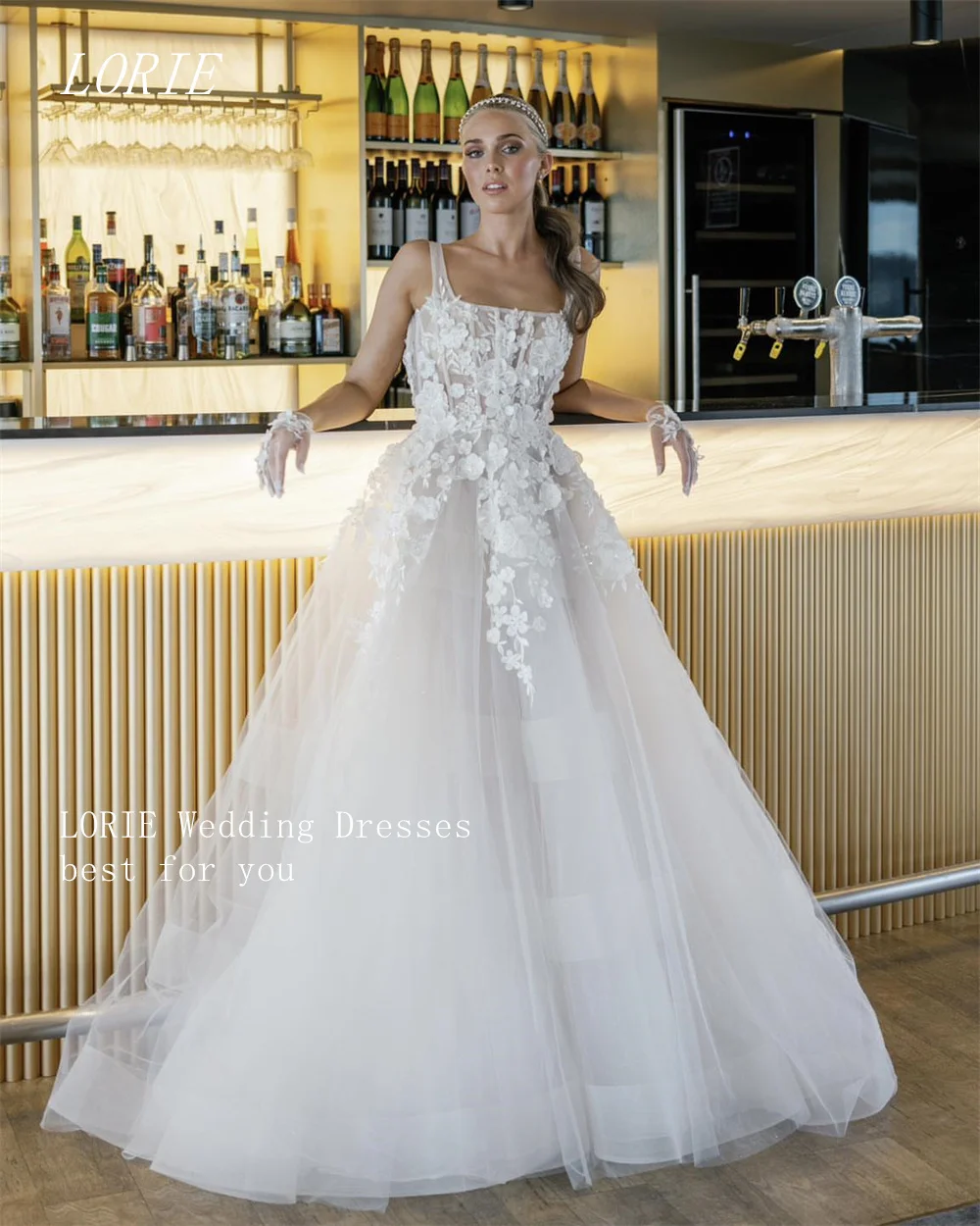 LORIE فاخر ثلاثية الأبعاد ألف خط فستان الزفاف ساحة طوق فساتين زفاف يزين أنيقة الدانتيل ثوب زفاف مخصص 2026 #5