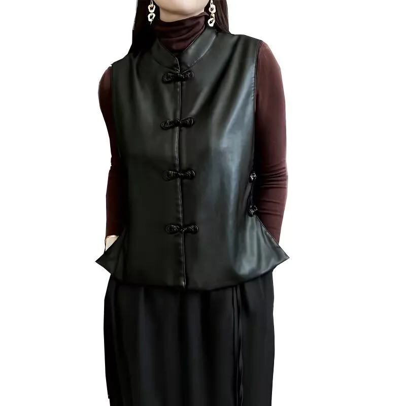 2025 Spring Autumn Female Vintage Black Sleeveless Vest Women Chinese Knot Buckle PU Leather Waistcoat Fashion Outerwear Vest