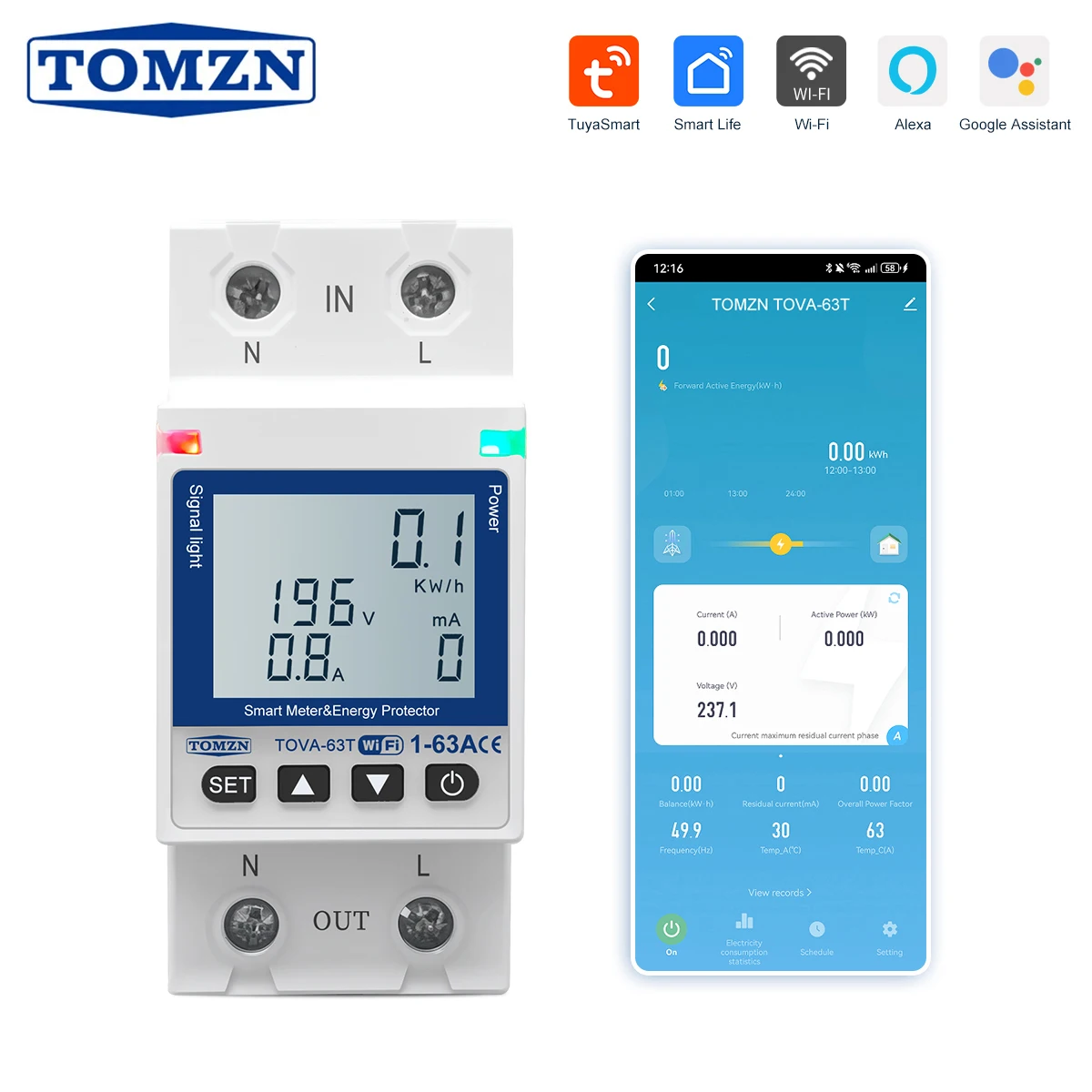 TOMZN TOVA-63T WIFI Switch 63A Smartlife TUYA Circuit Breaker Energy Meter Metering Timer Voltage Current Leakage Protection