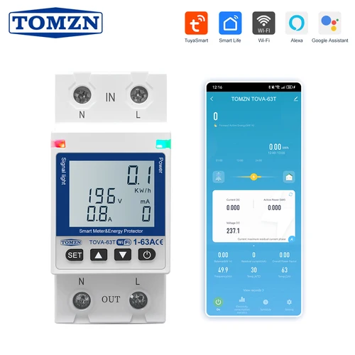 TOMZN WFI 110V 220V 63A Smartlife TUYA disyuntor medidor de energía temporizador de medición con voltaje corriente y protección contra fugas