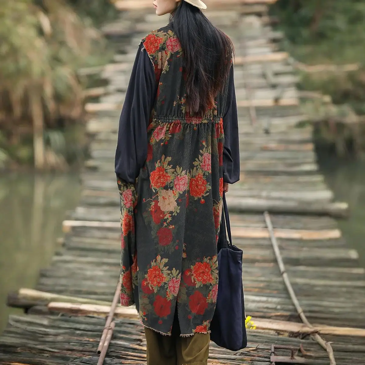 LZJN ฤดูใบไม้ผลิหลวม Retro Corduroy พิมพ์แจ๊กเก็ตจีน Zen สไตล์, การปิดกั้นสี Long Trench Coat สําหรับ Plus ขนาด