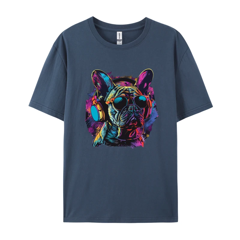 French Bulldog Wearing Headphones DJ T-shirts Latest 100% Cotton Student Tops Shirt T-shirts Camisa Street T Shirt Man