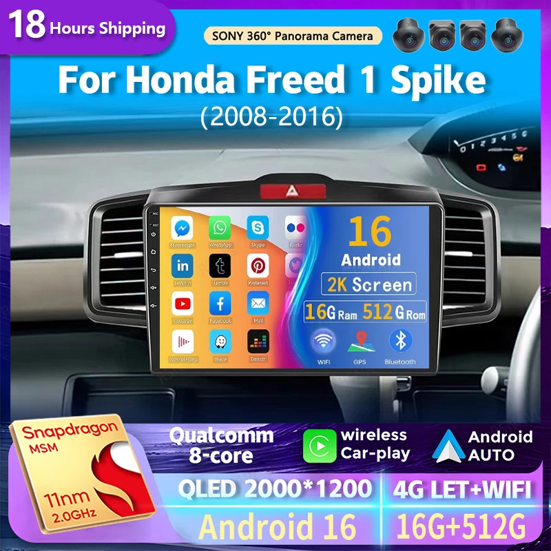 Android 16 wifi+4G Carplay AUTO BT Car Radio For Honda Freed 1 Spike 2008-2016 Navigation GPS Video Player Stereo Multimedia DVD