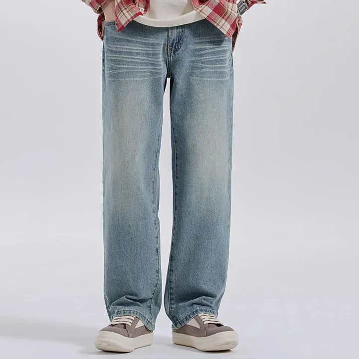 

Джинсы с талией в американском стиле ретро, свободные прямые длинные брюки для мужчин и женщин, винтажные хлопковые брюки 00% повседневная мода