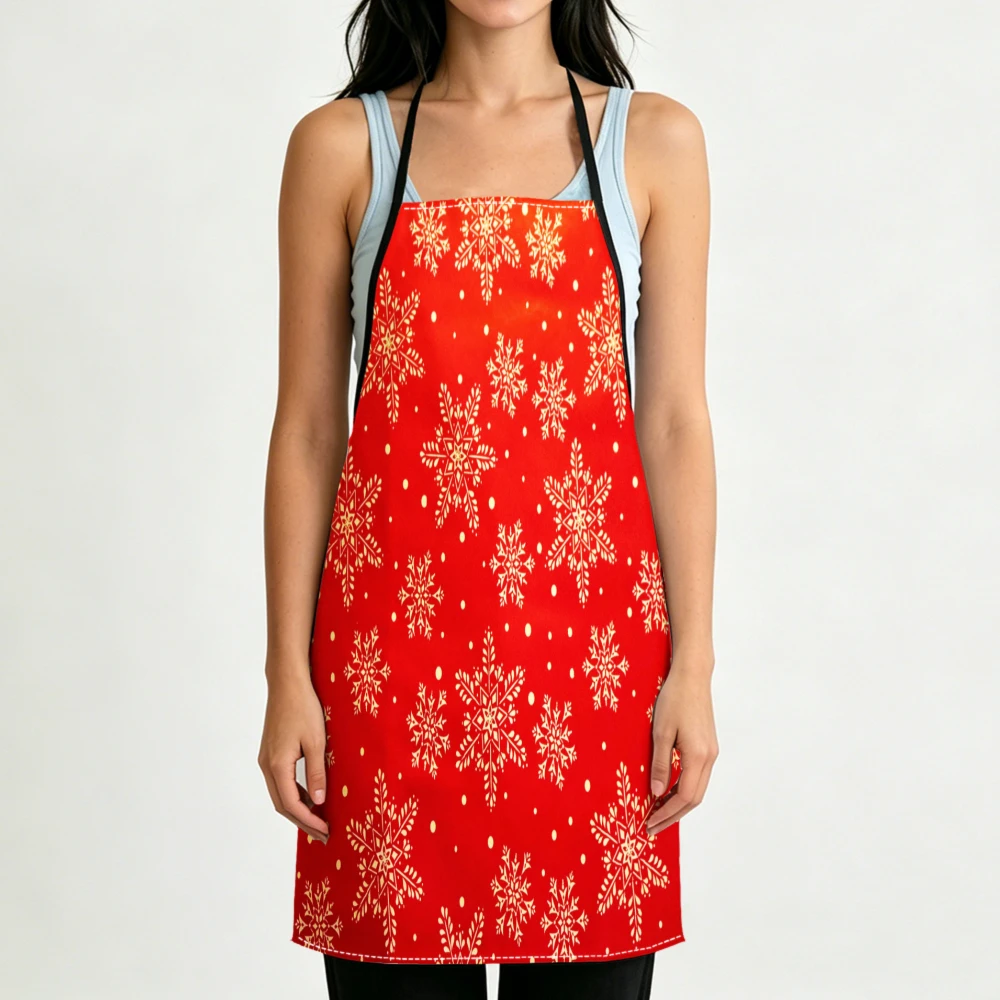 Festive Winter Style Apron Red Snowflake Print Kitchen Aprons Cooking Baking Adjustable Bibs