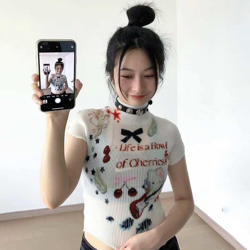 Y2K Sexy Gauze Cat Printed T-Shirts Goth Aesthetic Vintage Black Lace Mesh See Through Crop Tops Summer Women Tees Streetwear