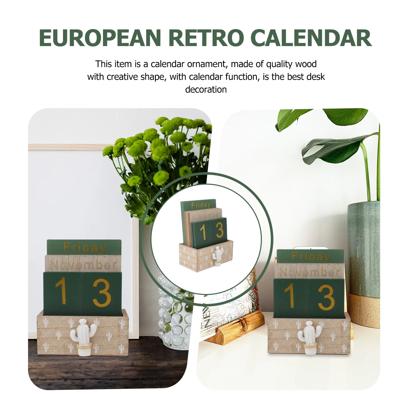 

1Set Tabletop Wooden Green Desktop Decor Simple Calendar Ornament Wood Craft Office Home Restaurant Use