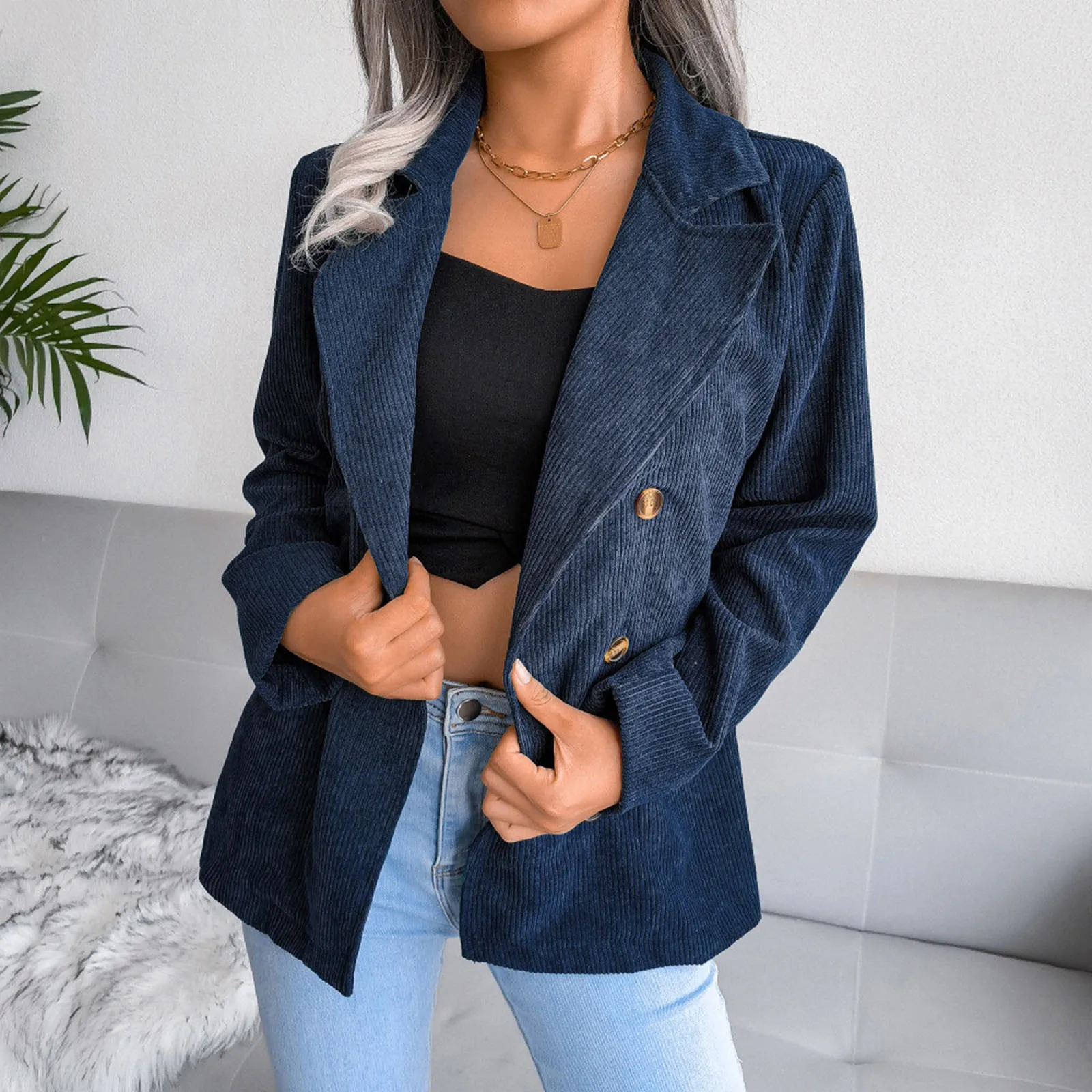 Vintage Brown Corduroy Jacket for Women 2024 New High Sense Loose Oversized Leather Suit Blazer Female Casual Coat Streetwear