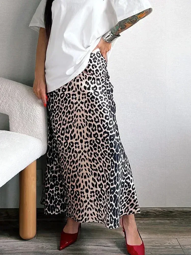 

Summer Office Elegant Maxi Zipper Skirt Satin Silk Fashion Fishtail Skirt Women Summer Long Leopard Print Skirts Women Satin