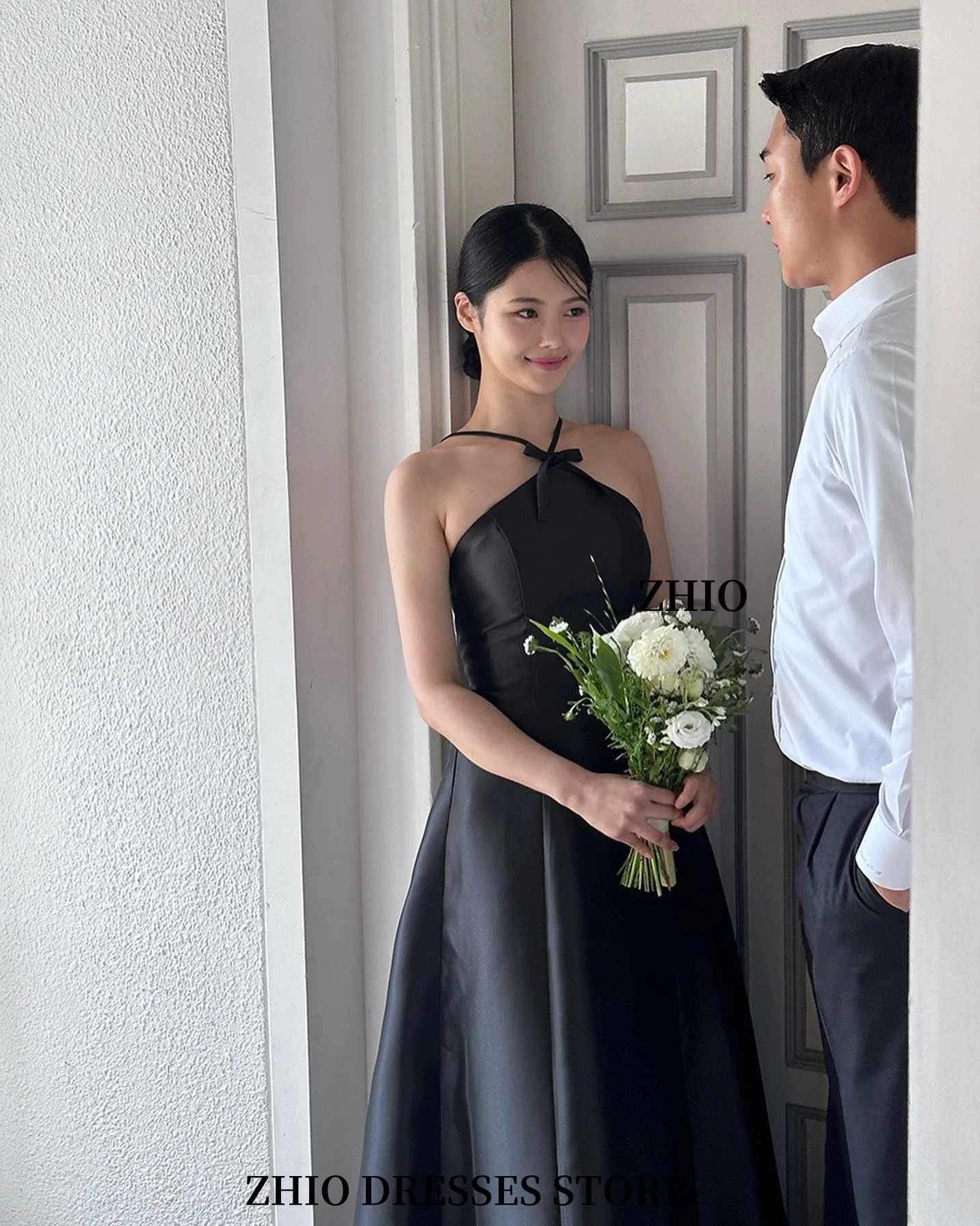 ZHIO Elegantes schwarzes Abendkleid, koreanisches Foto, Hosenträger, bodenlang, Hochzeit, Party, ärmellos, Tanzkleid, individuell