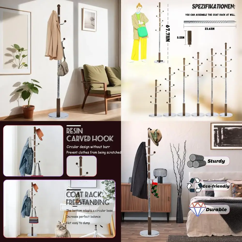 رف معطف قائم بذاته على شكل شجرة قابل للتعديل للمنزل وغرفة النوم مع قاعدة مستديرة ثابتة وبناء خشبي طويل الأمد #1