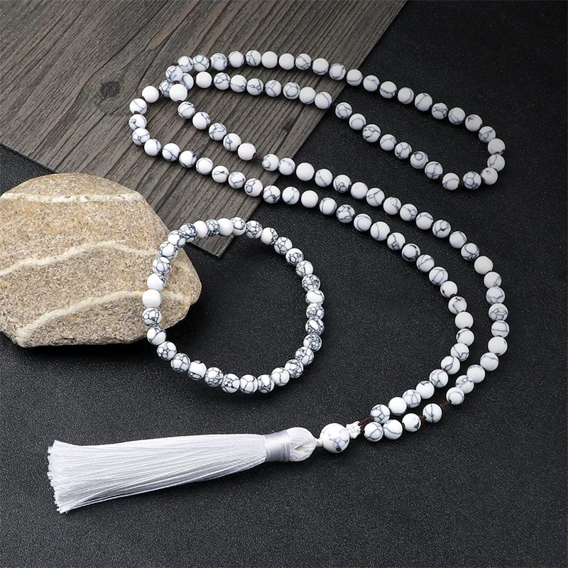 Classic Mala 108 Beads Knotted Necklace Women Men White Natural Stone Japamala Bracelet Long Tassel Rosary Necklace Jewelry Set