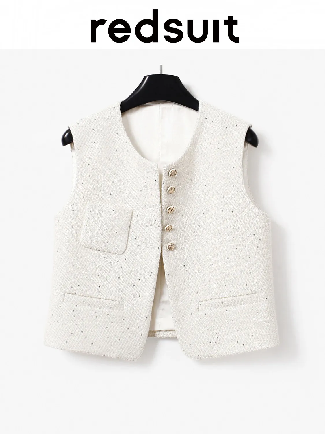 

New High end fashion sequin rice white woven short vest sleeveless versatile top Custom size