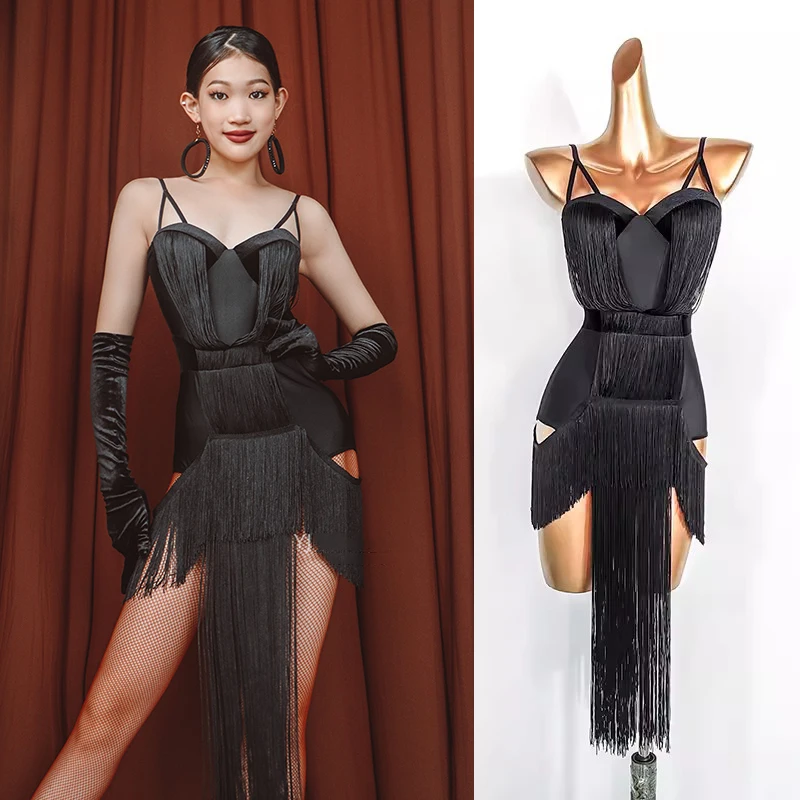 New Black Irregular Fringe Latin Dance Competition Dress Women Sexy ChaCha Rumba Performance Wear Modern Dancer Clothing VDB7487