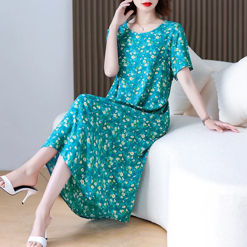 

New Fashion Casual Short Sleeve Summer Dress For Women O-Neck Print Flower Loose Dresses Plus Size Women Clothing B123