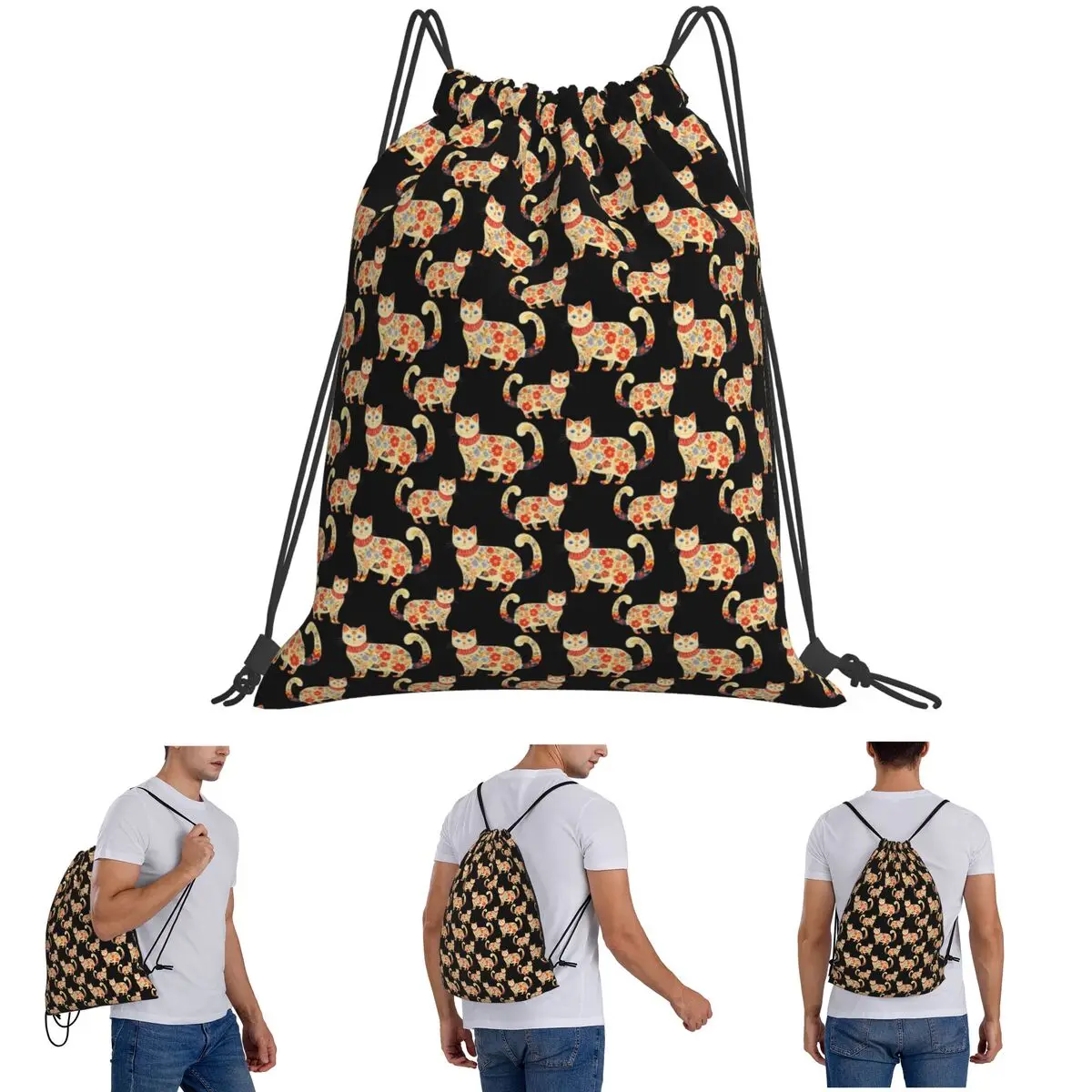 Springtime Garden Cat A Colorful And Whimsical Backpacks Multi-function Drawstring Bags Sports Bag Book Bags for Travel School