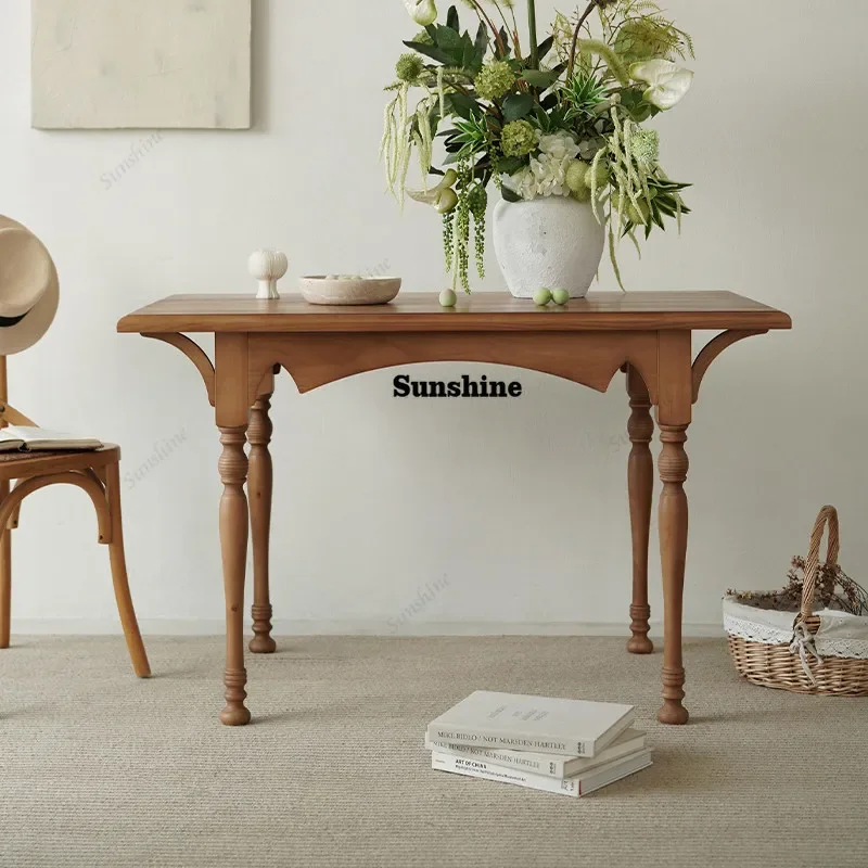 

Retro rectangular solid wood dining table Household porch table Tea table Log deskTJ