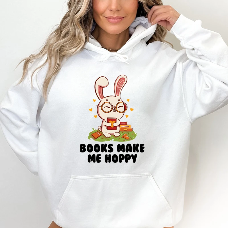 Cute Bunny Easter Cartoon Women's Clothing Books Make Me Hoppy Print Women Fashion Casual Hoodies Easter Rabbit Books Sweatshirt