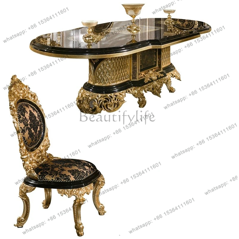 French dining table and chairs solid wood carving flower sticker gold leaf French long dining table