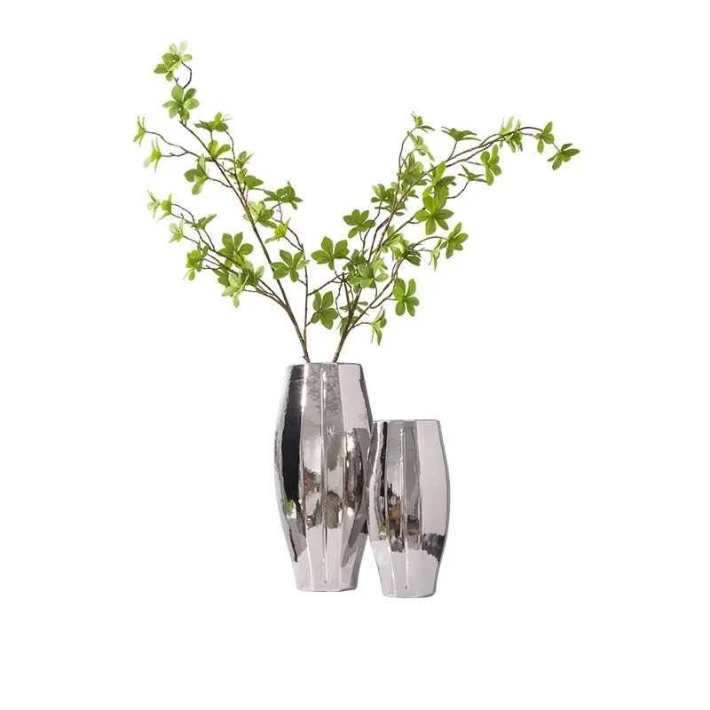 

Modern minimalist light luxury electroplated silver stainless steel ceramic vase large diameter dried flower ornament