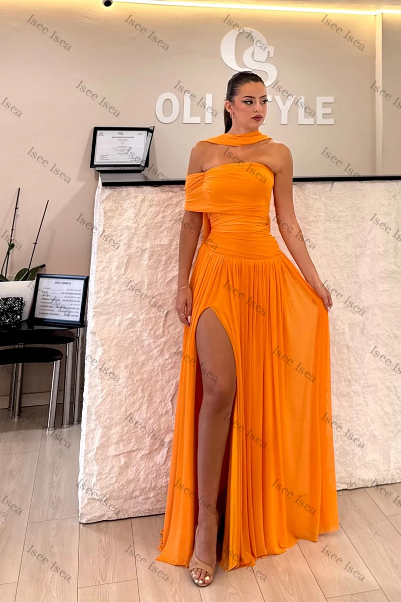 Orange Neue Abendkleider Abendkleid mit Strasssteinen فسات Mohamed Museum One-Shoulder-Kleid mit hohem Schlitz für Hochzeitsgäste Maßgeschneidert