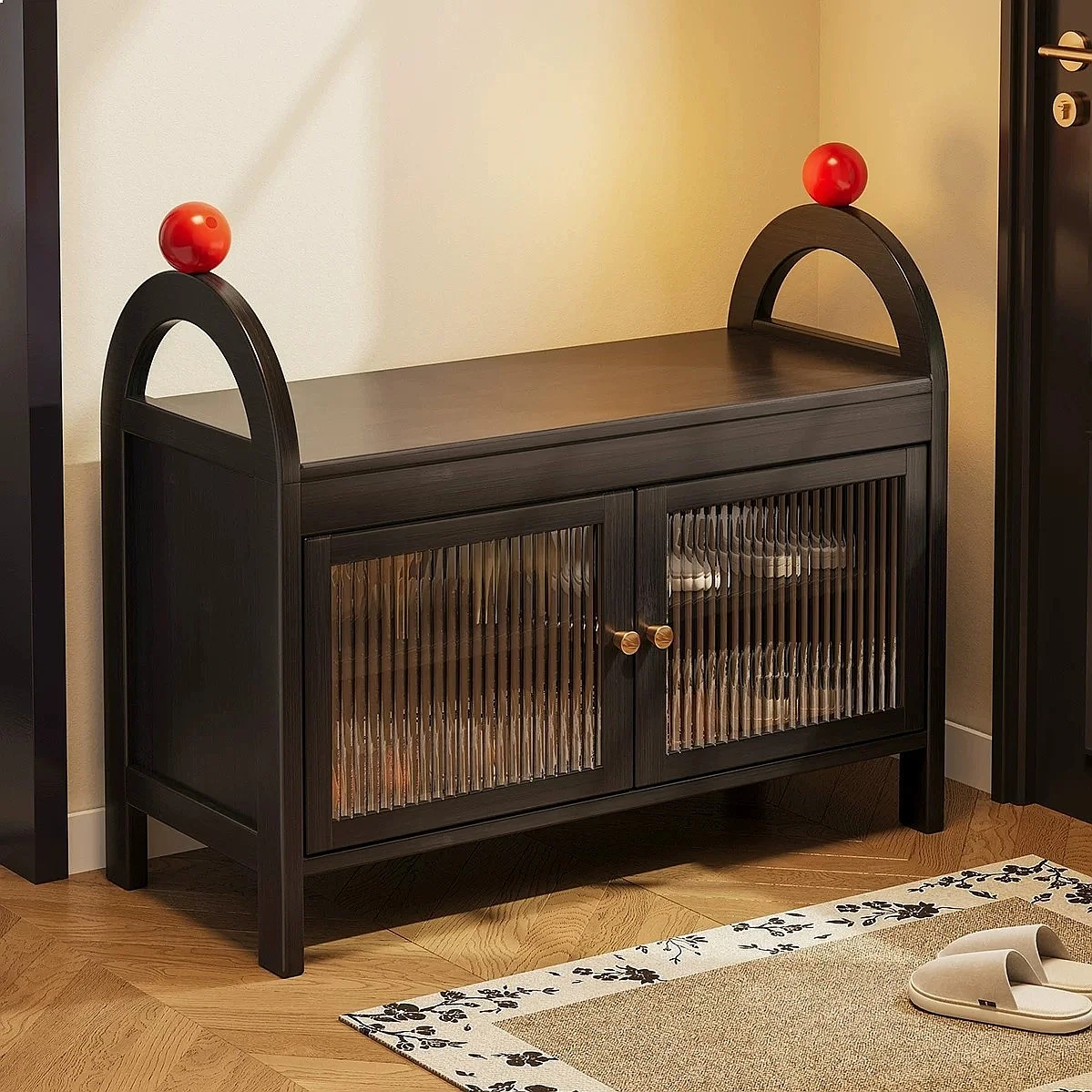 Light Luxury Multi-functional Storage Bench with Shoe Changing Seat, Dustproof Entryway Organizer with Hidden Storage Cabinet